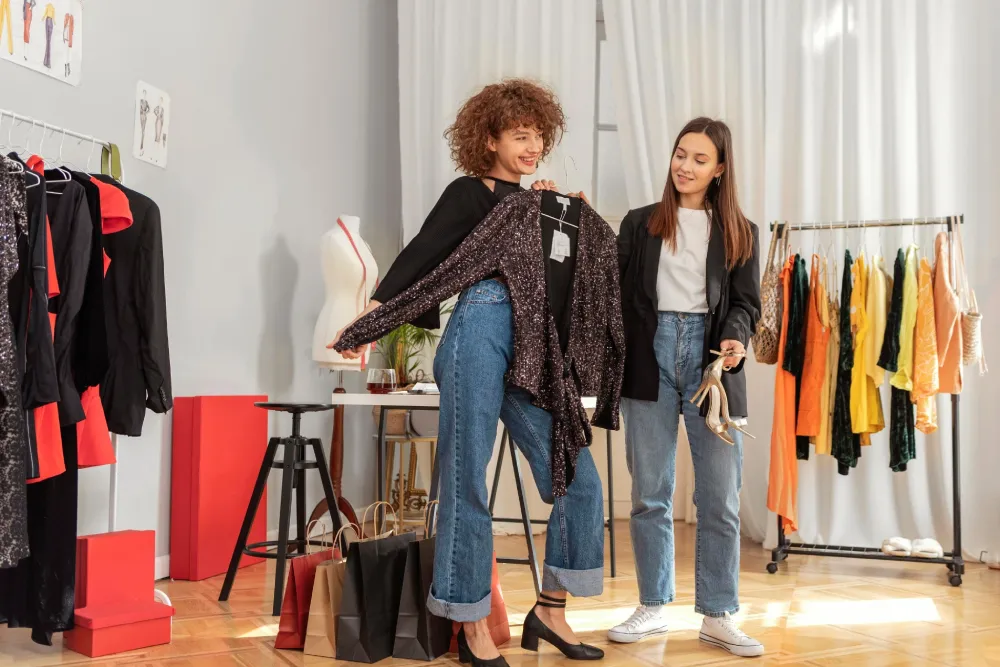 Twee dames die kleding aanpassen