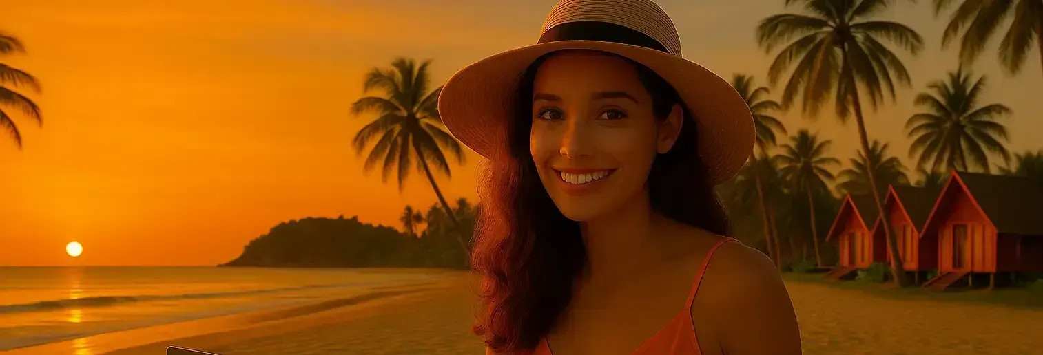 Jonge vrouw op tropisch strand laat zien hoe je met een bijbaan in de zomervakantie je droomreis kunt financieren