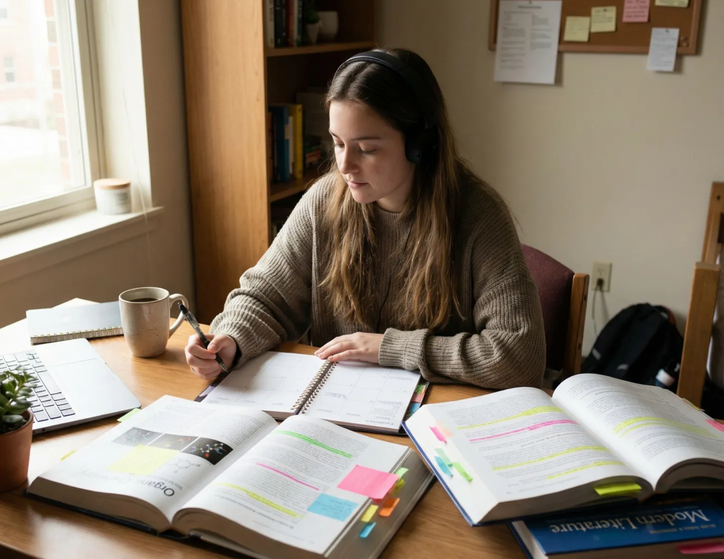 Meisje aan het studeren met boeken en notities