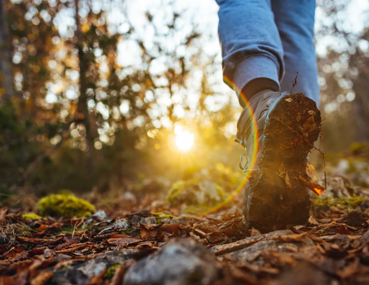 Persoon met vakantie loopt door bos en bladeren