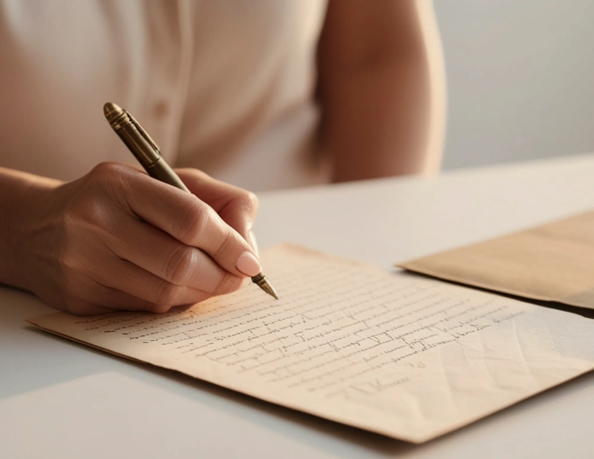 Persoon schrijft motivatiebrief op papier met pen