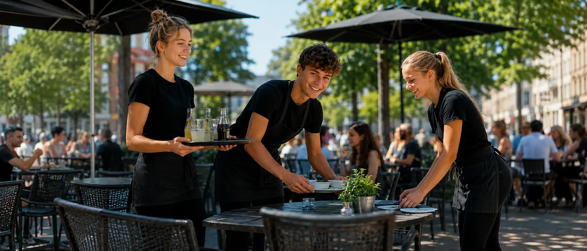 Drie 17-jarige jongeren doen vakantiewerk op een zonnig terras. Ze bedienen gasten: één brengt drankjes, een ander ruimt tafels af en een jongen serveert met een glimlach.