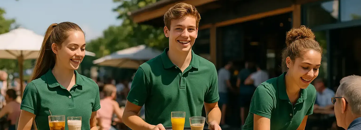 Drie 17-jarige jongeren doen vakantiewerk op een zonnig terras. Ze bedienen gasten: één brengt drankjes, een ander ruimt tafels af en een jongen serveert met een glimlach.