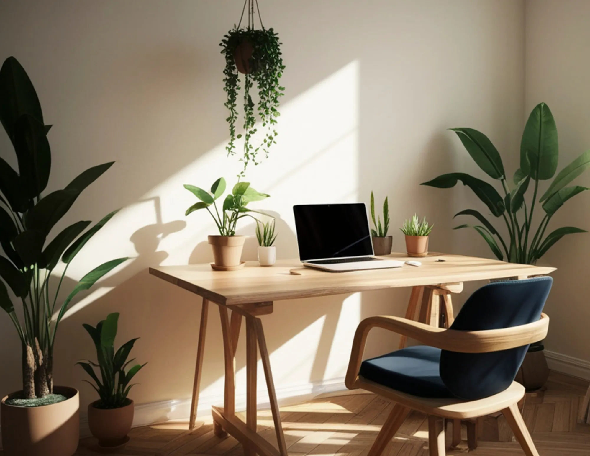 Een bureau met een aantal planten, laptop en bureaustoel
