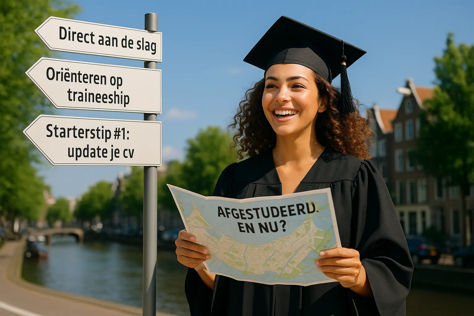 Pas afgestudeerd? Afgestudeerde jonge vrouw met kaart in handen en richtingbord met keuzes als “Direct aan de slag”, “Oriënteren op traineeship” en “Update je cv”, op een zonnige dag aan een Amsterdamse gracht.